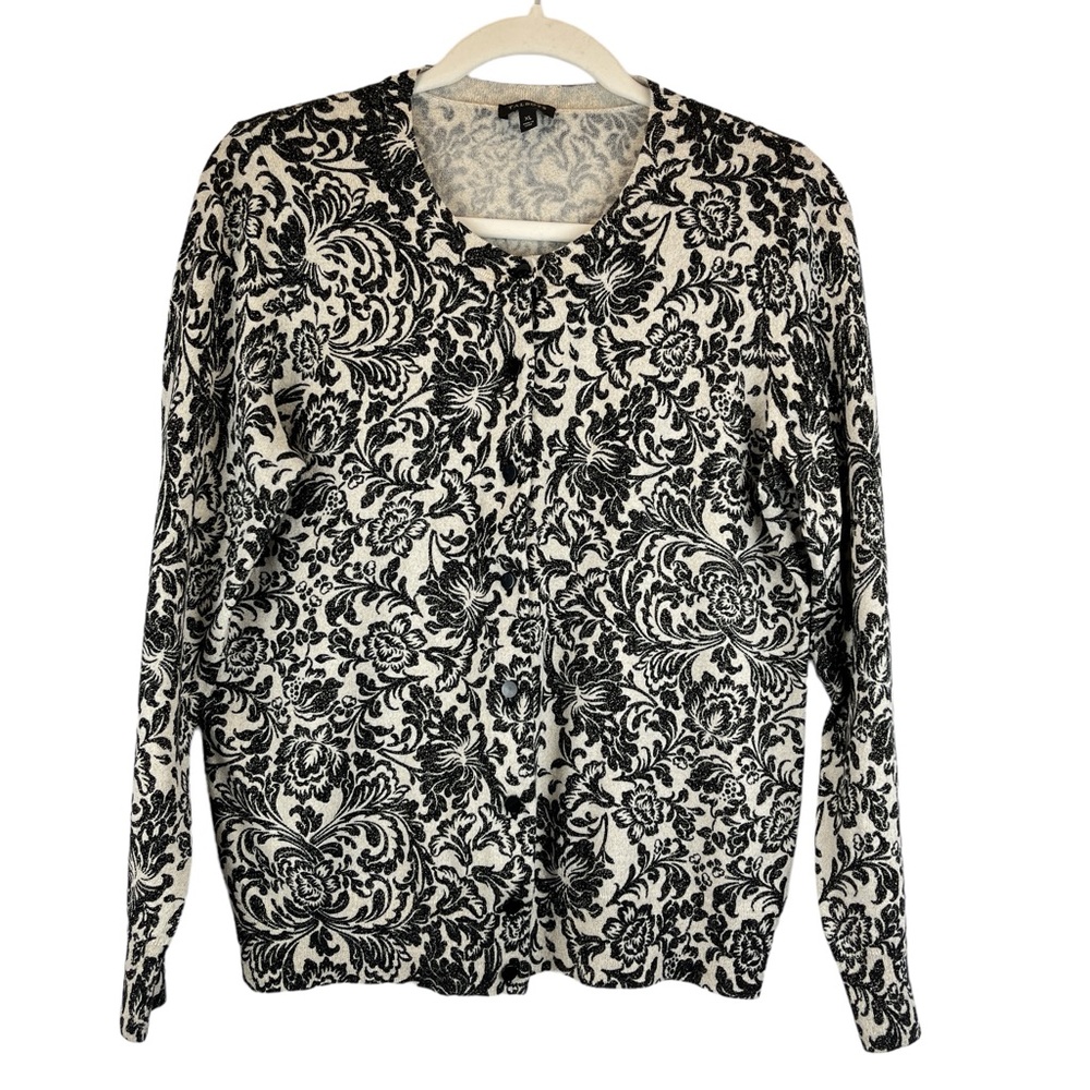 Talbots Shimmery Damask Cardigan Cream Black Gold Sz M/L
